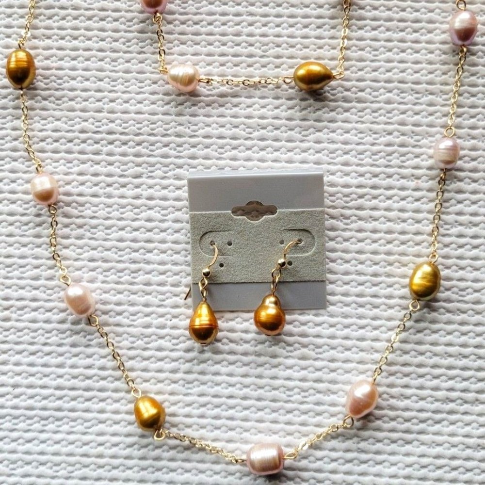 NEW Freshwater Cultured Pearls Golden & White Pearls Chain with earrings set
